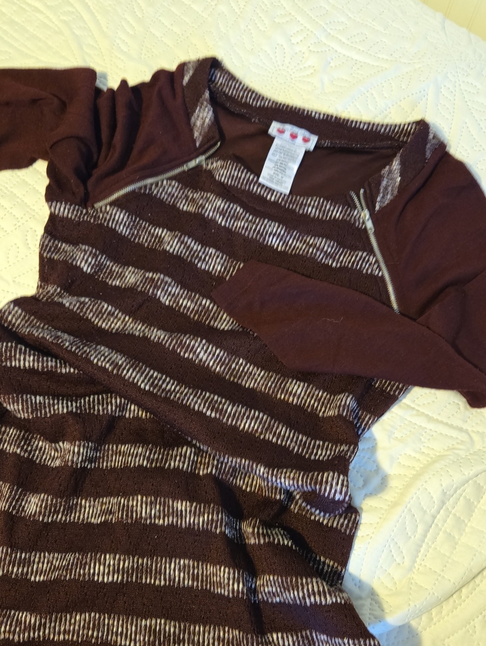 Girls' Striped Brown Knit Sweater Top with Zip Detail